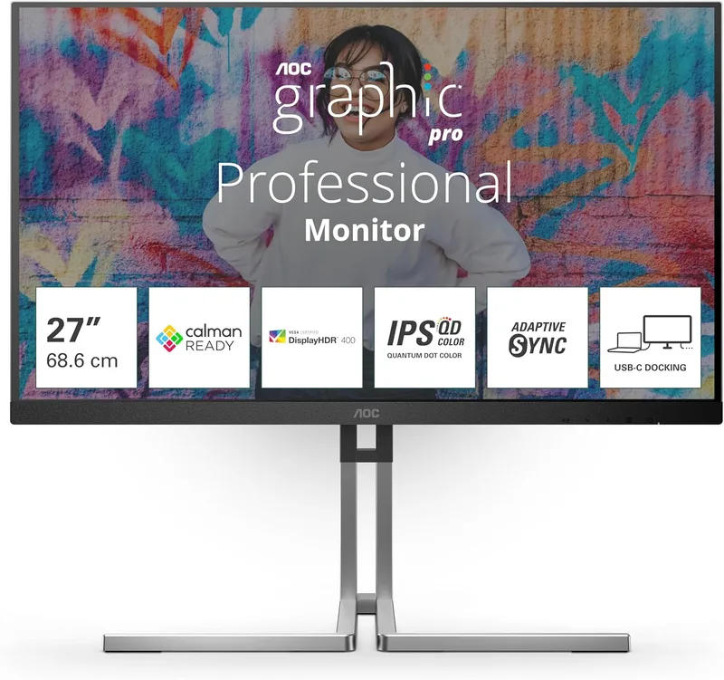 AOC ▫️ Monitor Q27U3CV de 27 polegadas, 75 Hz, painel IPS QD, 4 ms GtG, VESA HDR400 (Certificado), Altifalantes, Altura Ajustável, (2560x1440, 1x HDMI 1.4, 1x DP 1.4, Hub USB) Preto/Prateado