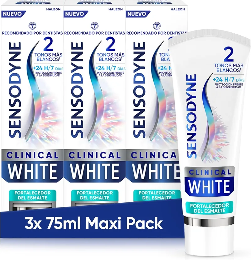 Sensodyne ▫️ Clinical White Fortalecedor do Esmalte, Pasta de Dentes Branqueadora Sabor a Menta, Proteção da Sensibilidade, Embalagem de 3x75 ml