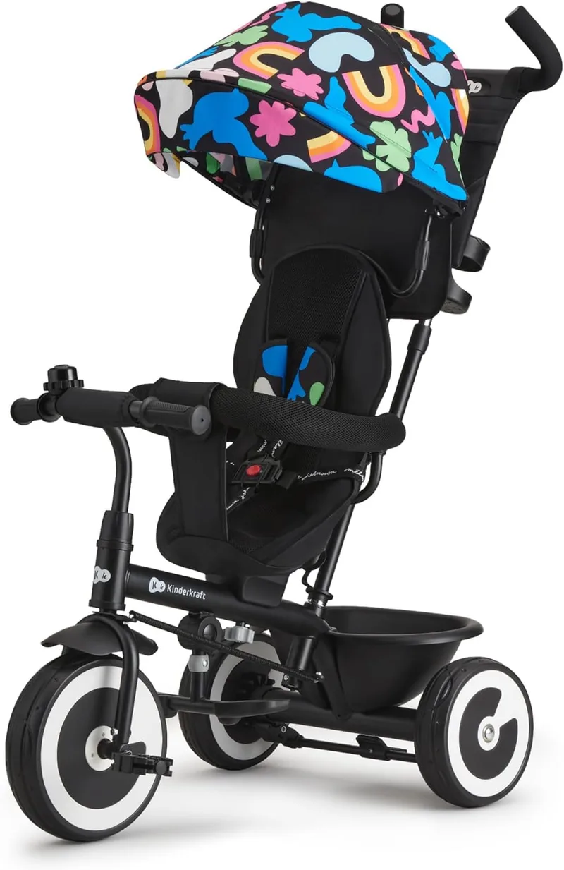 Kinderkraft ▫️ Triciclo Evolutivo Aston, Bicicleta para Bebés, Bicicleta para Crianças, Cinto, com Acessórios, Suporte para Copos, Cesto, 9 Meses a 25 kg, Formas Felizes