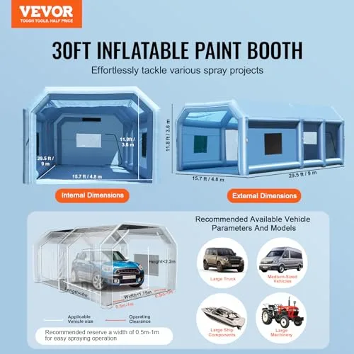 VEVOR ▫️ Cabina de pintura insuflável de 9 x 4,8 x 3,6 m com potentes sopradores de 950 W + 750 W e sistema de filtragem de ar, cabine de pintura portátil para camiões, carrinhas e maquinaria de grandes dimensões 2