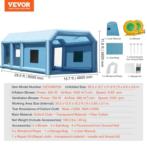VEVOR ▫️ Cabina de pintura insuflável de 9 x 4,8 x 3,6 m com potentes sopradores de 950 W + 750 W e sistema de filtragem de ar, cabine de pintura portátil para camiões, carrinhas e maquinaria de grandes dimensões 7