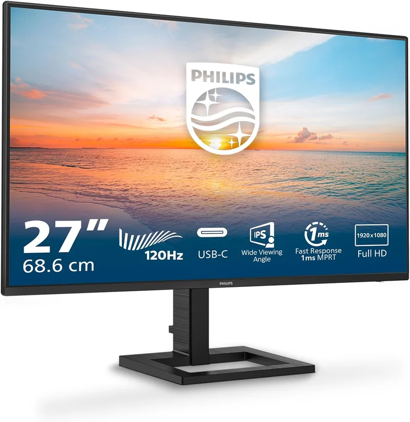 PHILIPS ▫️ 27E1N1300AM - Monitor FHD de 27 polegadas, altura ajustável, altifalantes (1920x1080, 120 Hz, HDMI, USB-C (65 W Power Delivery), hub USB) Preto