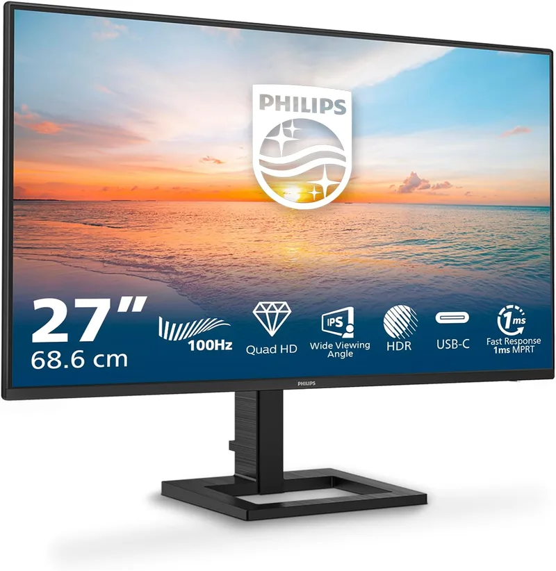 PHILIPS ▫️ 27E1N1600AM - Monitor Quad HD de 27 polegadas, altifalantes, altura ajustável (2560x1440, 100 Hz, HDMI 1.4, USB-C (65 W PD), hub USB) Preto