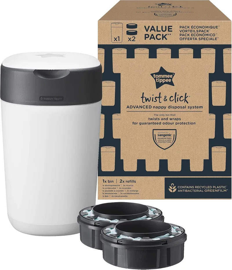 Tommee Tippee ▫️ Recipiente para fraldas Twist & Click, Pacote Exclusivo com 2 cartuchos de recarga (1 pré-carregado e 1 extra), Proteção garantida contra odores e germes, o conteúdo do pacote pode variar
