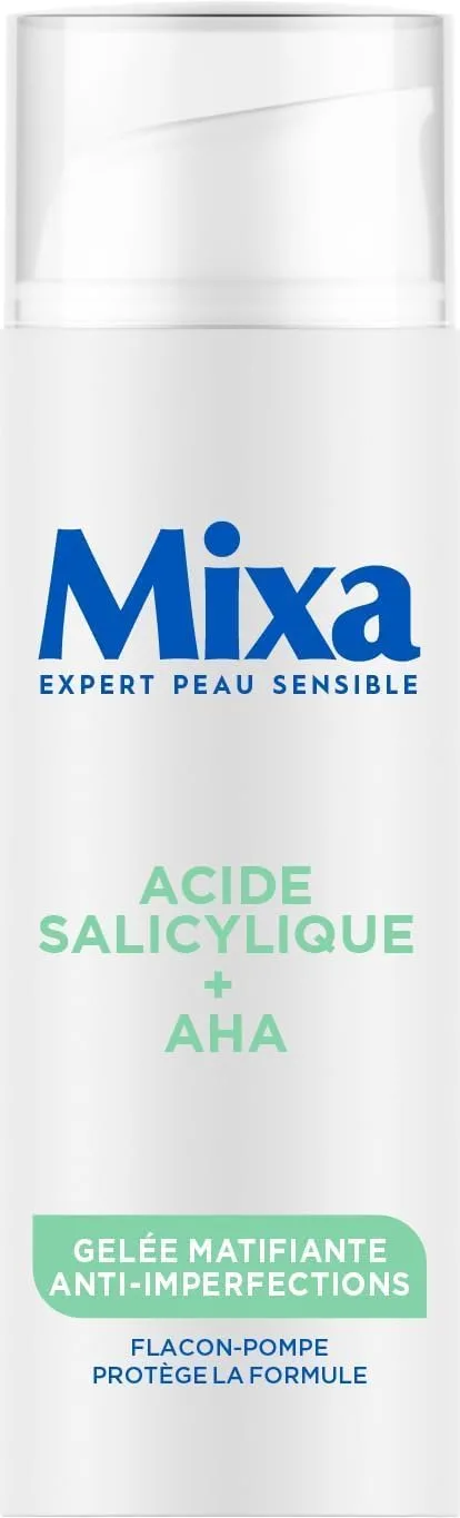 Mixa ▫️ Gel matificante contra impurezas com ácido salicílico + AHA – Pele oleosa e acne – Controlo do sebo – Textura leve e refrescante tipo sorvete – Frasco com bomba antioxidante – 50 ml