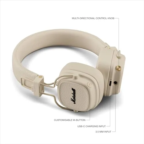 Marshall ▫️ Auscultadores sem fios Bluetooth Major V, 100 horas de reprodução - Creme 6