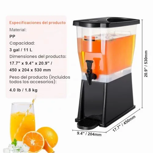 VEVOR ▫️ Dispensador de bebidas de 11 litros para festas, dispensador de sumo em plástico com tampa de suporte, dispensador de água, sumo, limonada e chá gelado, para restaurantes, 450 x 204 x 530 mm 7