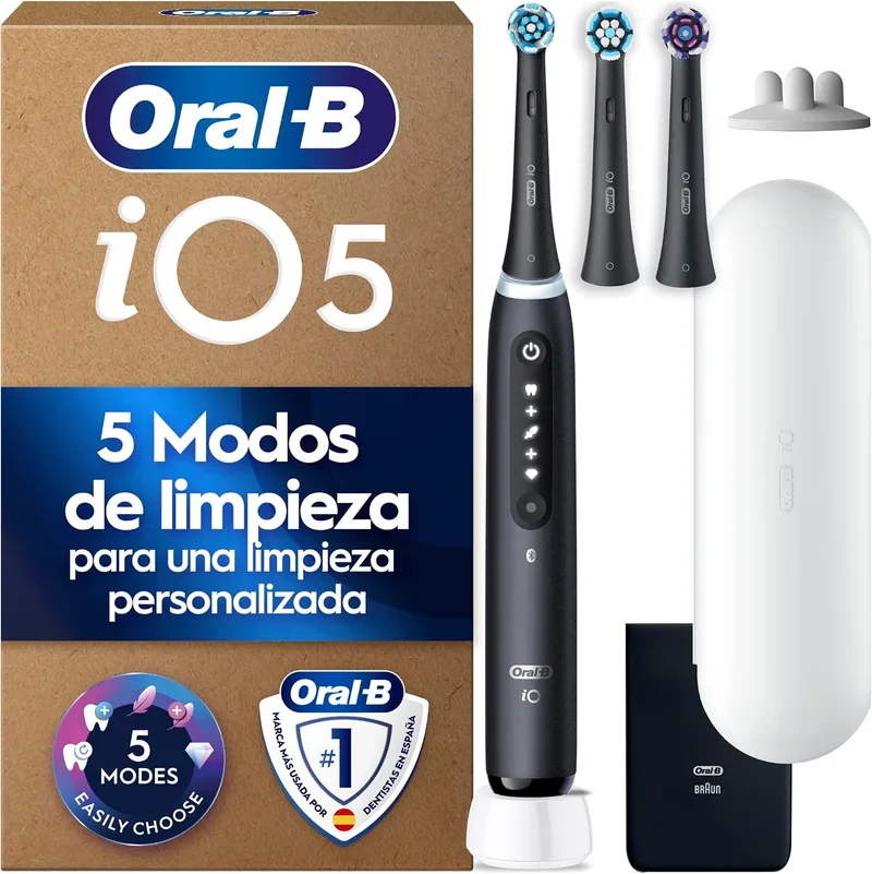 Oral-B ▫️ Escova de dentes elétrica iO 5 com 3 cabeças, preta | Escova de dentes com sensor de pressão, 5 modos de escovagem, incluindo modo de branqueamento e modo sensível, estojo de viagem branco