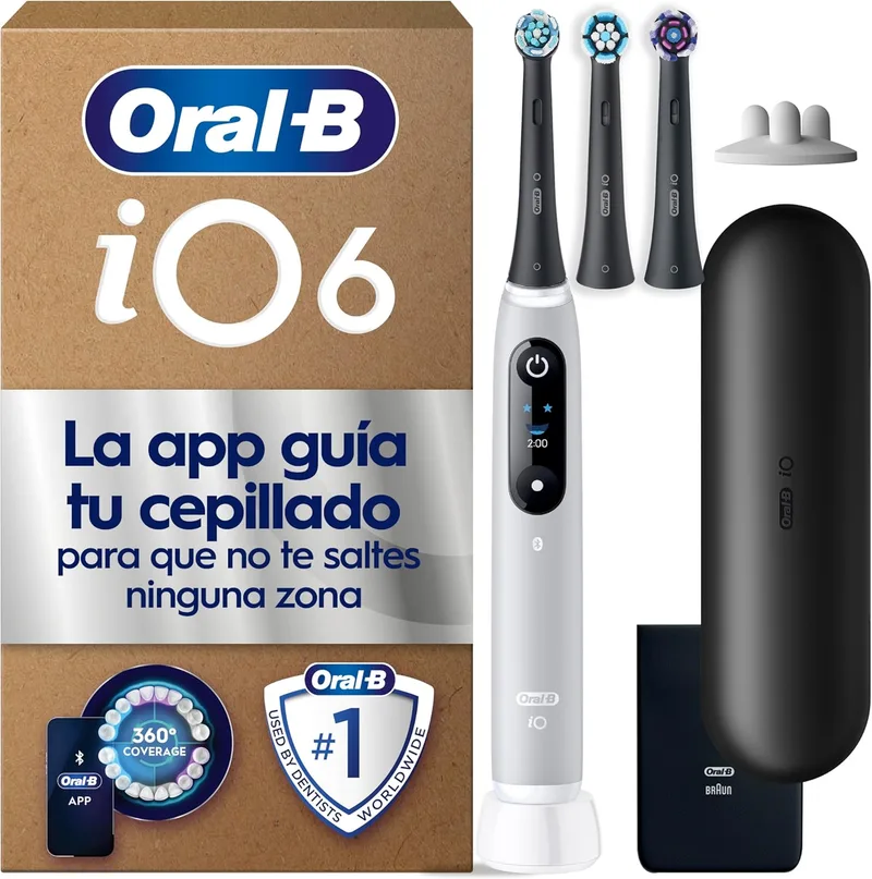 Oral-B ▫️ Escova de dentes elétrica iO 6 cinzenta com cabo recarregável, 3 cabeças de escova e 1 estojo de viagem, 5 modos de escovagem com branqueamento dentário, sensor de pressão, concebida pela Braun