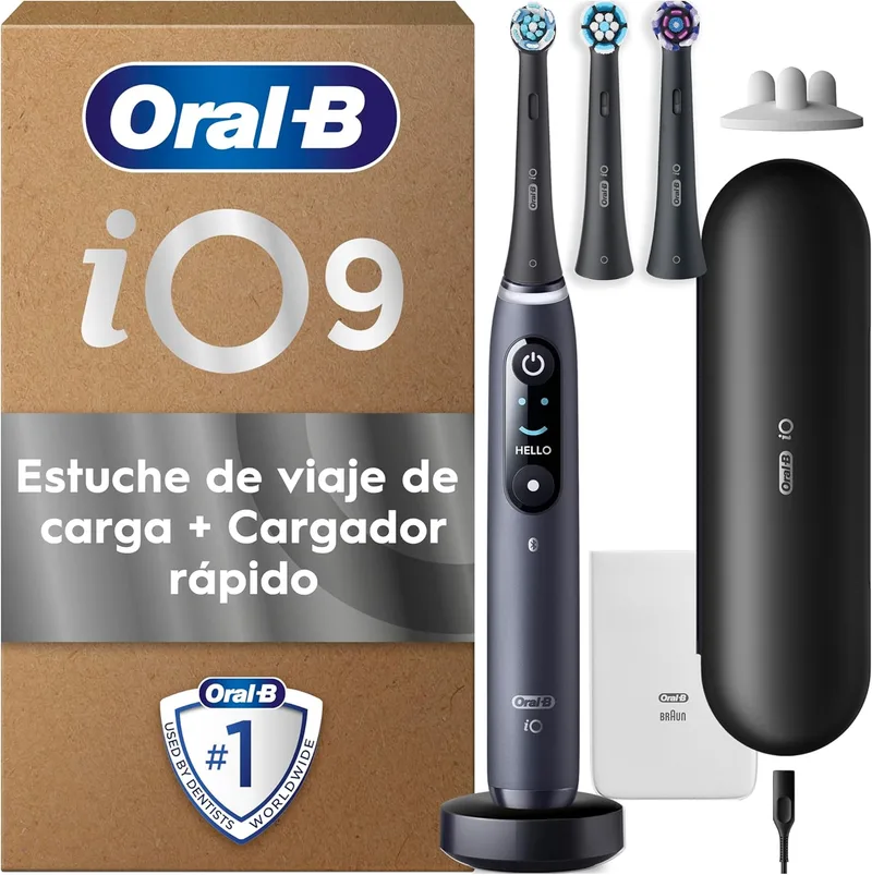 Oral-B ▫️ Escova de dentes elétrica iO 9 com 3 cabeças, preta - Escova de dentes com sensor de pressão, 7 modos de escovagem com branqueamento dentário, estojo de carregamento para viagem, carregamento rápido