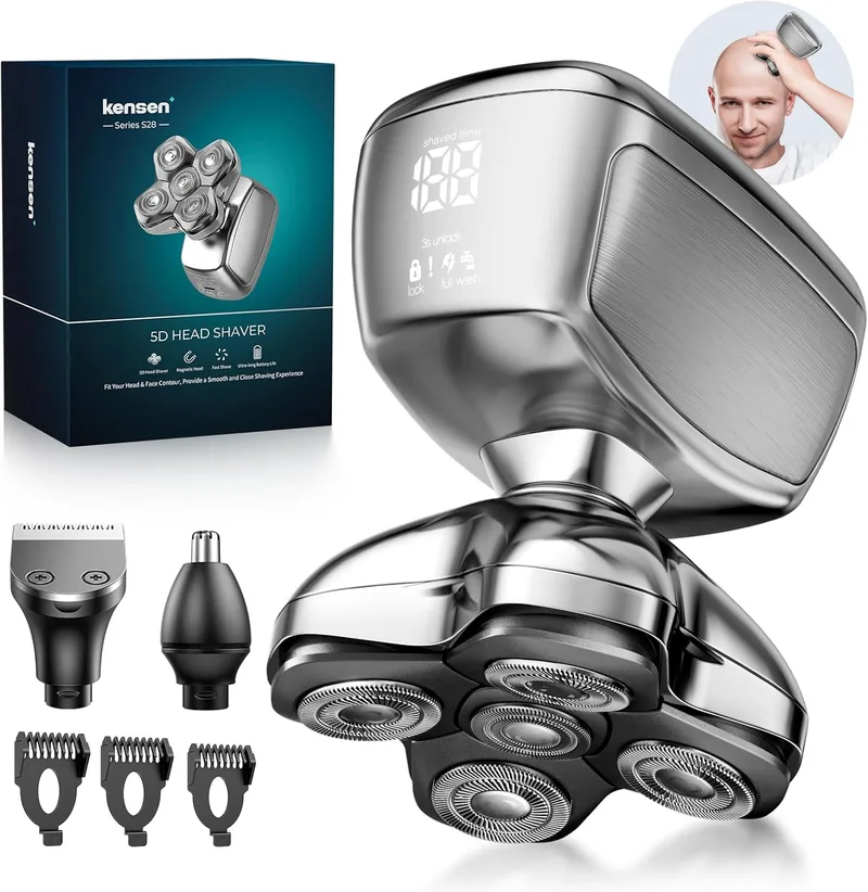 kensen ▫️ Máquina de barbear masculina 3 em 1 cabeças magnéticas 5D à prova de água IPX6, aparador de pêlos e narizes, barbear a húmido e a seco, carregamento USB-C, máquina de barbear à prova de água IPX6 para homens carecas
