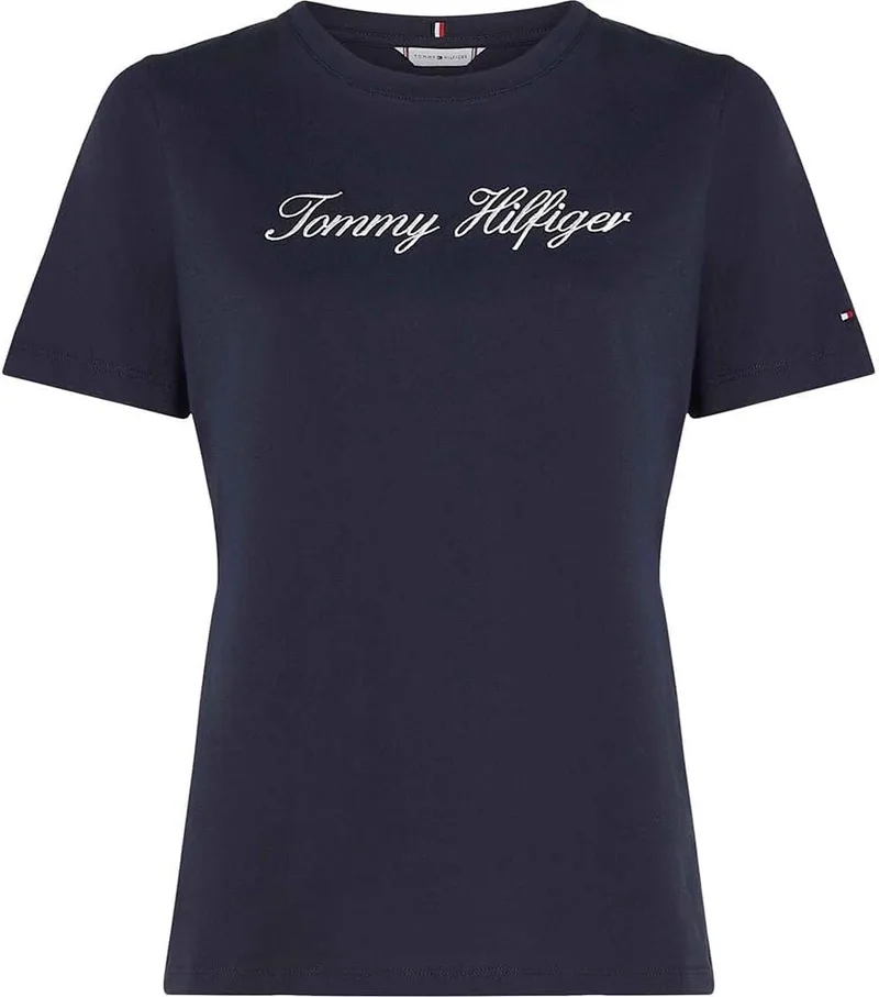 Tommy Hilfiger ▫️ Camiseta de manga curta para mulher, corte regular, com gola redonda e estampado «Script»