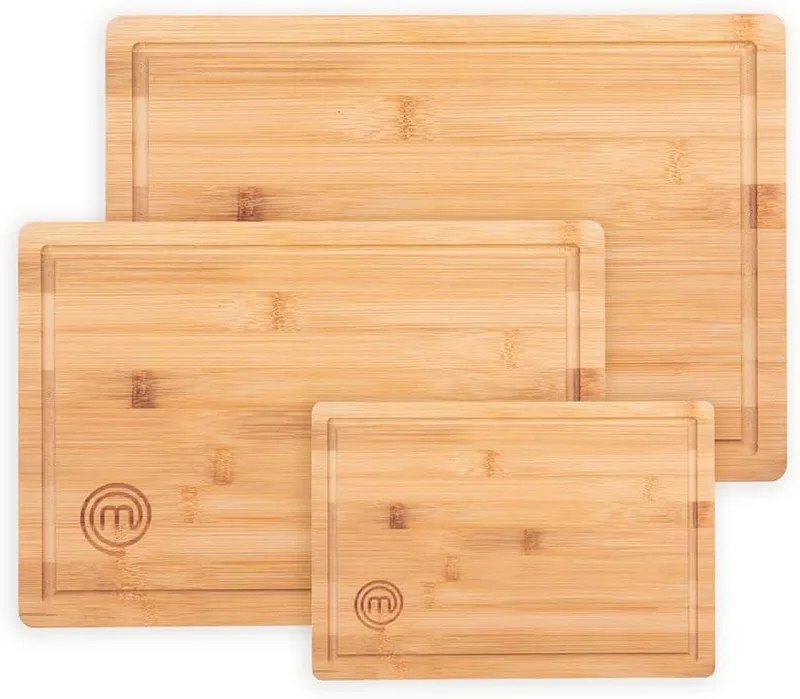 Chef Master ▫️ MasterChef Tábuas de Corte de Cozinha, Conjunto de 3 Tábuas de Bambu - 38 x 27,5 cm / 34 x 23,5 cm / 23 x 15 cm, Ideais para cortar pão, presunto, legumes e queijos, com ranhura para os sucos