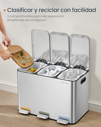 SONGMICS HOME ▫️ Cesto do lixo de cozinha triplo, 3 x 15 L, com pedais, em aço 4