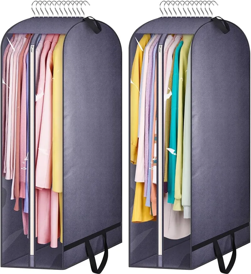 MISSLO ▫️ Sacos transparentes reforçados de 10 polegadas para vestuário, sacos para fatos de 43 polegadas para arrumação do guarda-roupa com pegas, sacos para vestuário, casacos, pulôveres (2 embalagens, cinzento)