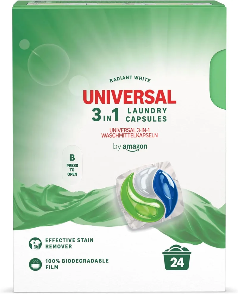 by Amazon ▫️ da Amazon: Detergente líquido para máquina de lavar roupa em cápsulas 3 em 1, universal, 24 lavagens