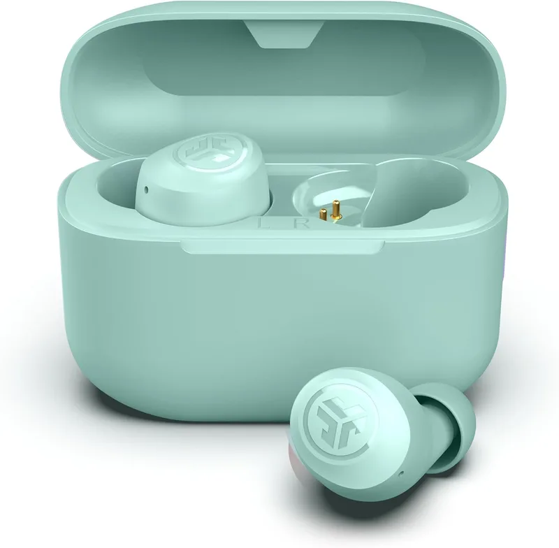 JLab ▫️ Auscultadores sem fios Bluetooth Go Air Pop+ - 35 h, Menta | Auscultadores sem fios com estojo de carregamento, auscultadores Bluetooth com microfone, ligação dupla, aplicação