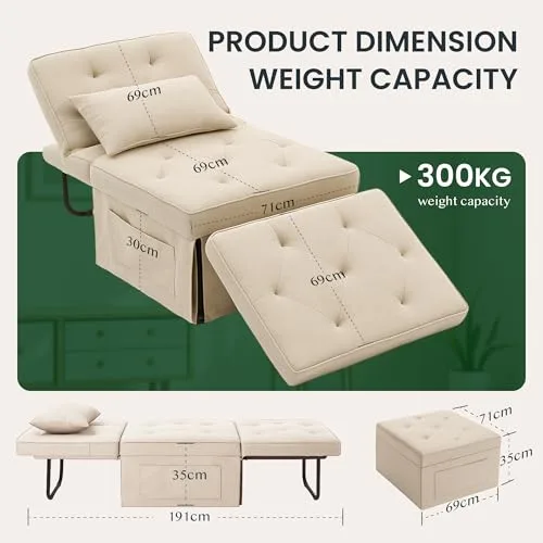 FLEXISPOT ▫️ Poltrona extensível para dormir, poltrona dobrável com função de cama, cadeira-cama multifuncional, sofá-cama conversível, capacidade de carga até 300 kg, bege 3