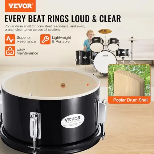 VEVOR ▫️ Conjunto de bateria para crianças, composto por cinco peças: conjunto completo de bateria para crianças principiantes, com baixo, tom-toms, caixa, bombo, banco ajustável, pedal de charleston e dois pares de baquetas, preto 2
