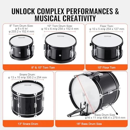 VEVOR ▫️ Conjunto de bateria para crianças, composto por cinco peças: conjunto completo de bateria para crianças principiantes, com baixo, tom-toms, caixa, bombo, banco ajustável, pedal de charleston e dois pares de baquetas, preto 3