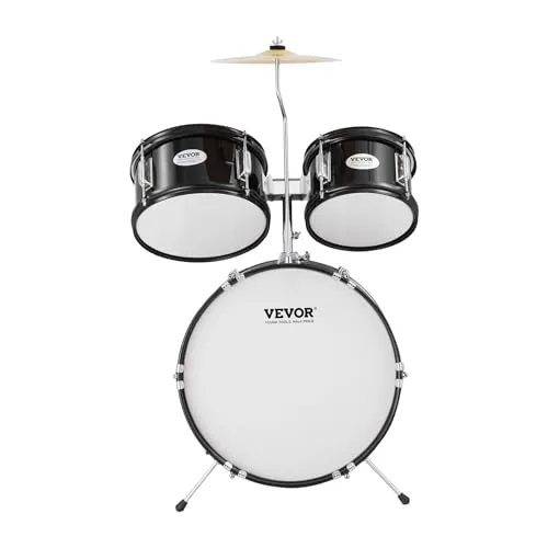 VEVOR ▫️ Conjunto de bateria para crianças, composto por cinco peças: conjunto completo de bateria para crianças principiantes, com baixo, tom-toms, caixa, bombo, banco ajustável, pedal de charleston e dois pares de baquetas, preto 4