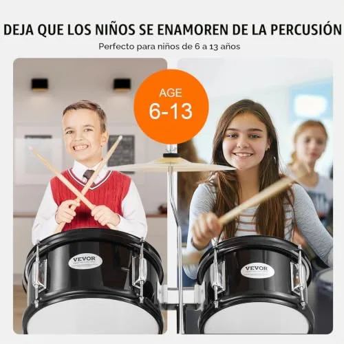 VEVOR ▫️ Conjunto de bateria para crianças, composto por cinco peças: conjunto completo de bateria para crianças principiantes, com baixo, tom-toms, caixa, bombo, banco ajustável, pedal de charleston e dois pares de baquetas, preto 5