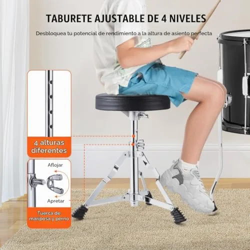 VEVOR ▫️ Conjunto de bateria para crianças, composto por cinco peças: conjunto completo de bateria para crianças principiantes, com baixo, tom-toms, caixa, bombo, banco ajustável, pedal de charleston e dois pares de baquetas, preto 6