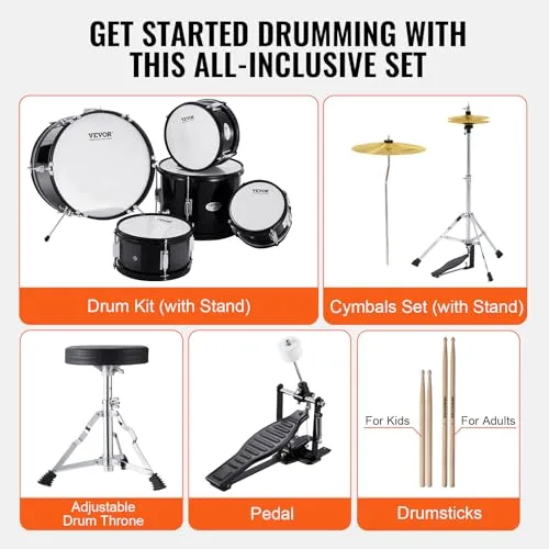 VEVOR ▫️ Conjunto de bateria para crianças, composto por cinco peças: conjunto completo de bateria para crianças principiantes, com baixo, tom-toms, caixa, bombo, banco ajustável, pedal de charleston e dois pares de baquetas, preto 7