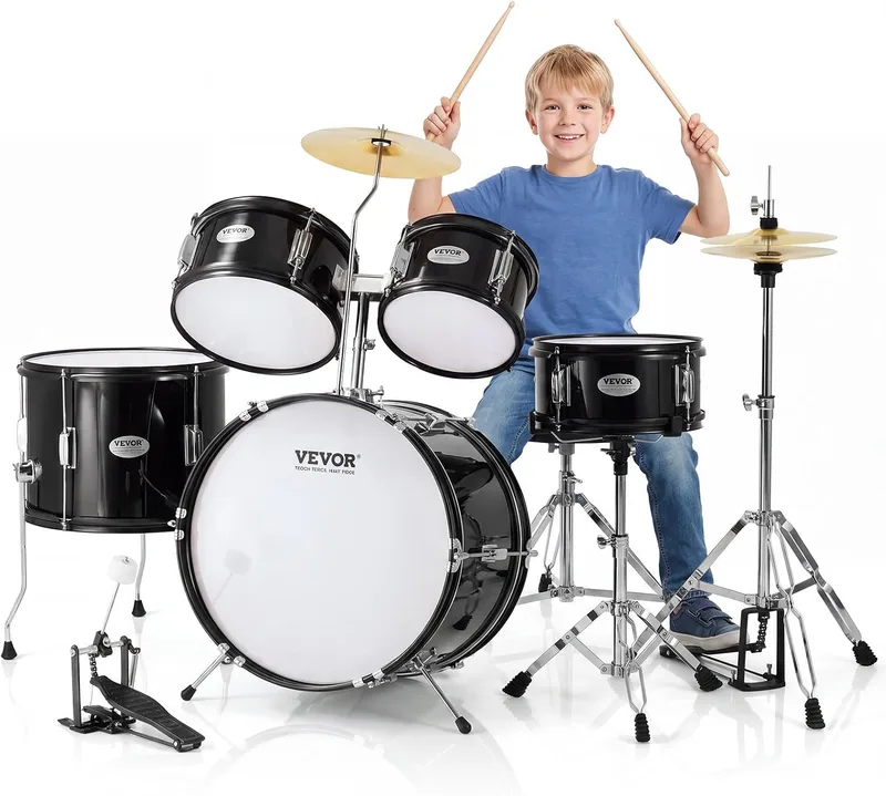 VEVOR ▫️ Conjunto de bateria para crianças, composto por cinco peças: conjunto completo de bateria para crianças principiantes, com baixo, tom-toms, caixa, bombo, banco ajustável, pedal de charleston e dois pares de baquetas, preto