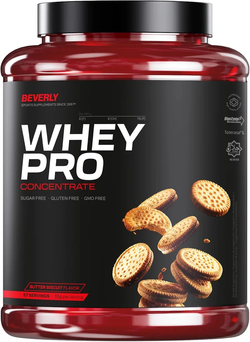 Beverly Nutrition ▫️ Beverly WHEY PRO 2 kg – Concentrado de Proteína de Soro de Leite Premium | 28 g de proteína por dose | 58 doses | Crescimento muscular rápido e recuperação | Ideal para ginásio e fitness (2 kg, Butter Biscuit)
