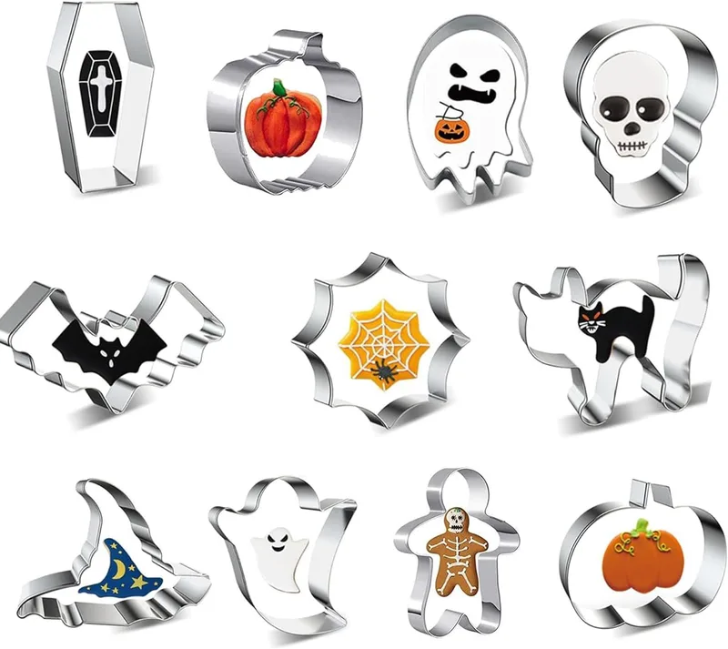FANNITE ▫️ Conjunto de 11 cortadores de bolachas de Halloween em aço inoxidável - Abóbora, Fantasma, Gato, Morcego, Chapéu de Bruxa