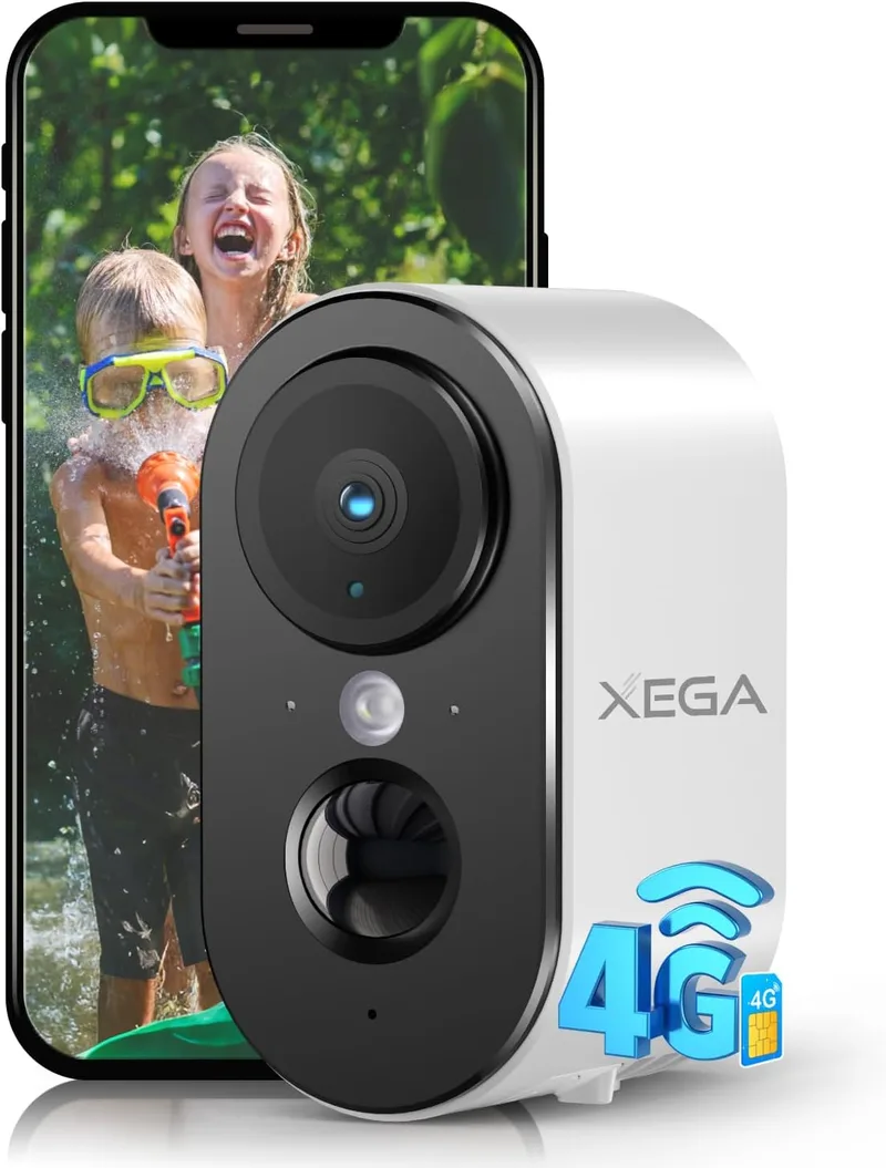 Xega ▫️ Câmara de vigilância 4G LTE com cartão SIM portátil, sem Wi-Fi | Câmara de segurança exterior 2K HD LTE com bateria de 6000 mAh, deteção de movimento PIR, visão noturna a cores, IP65
