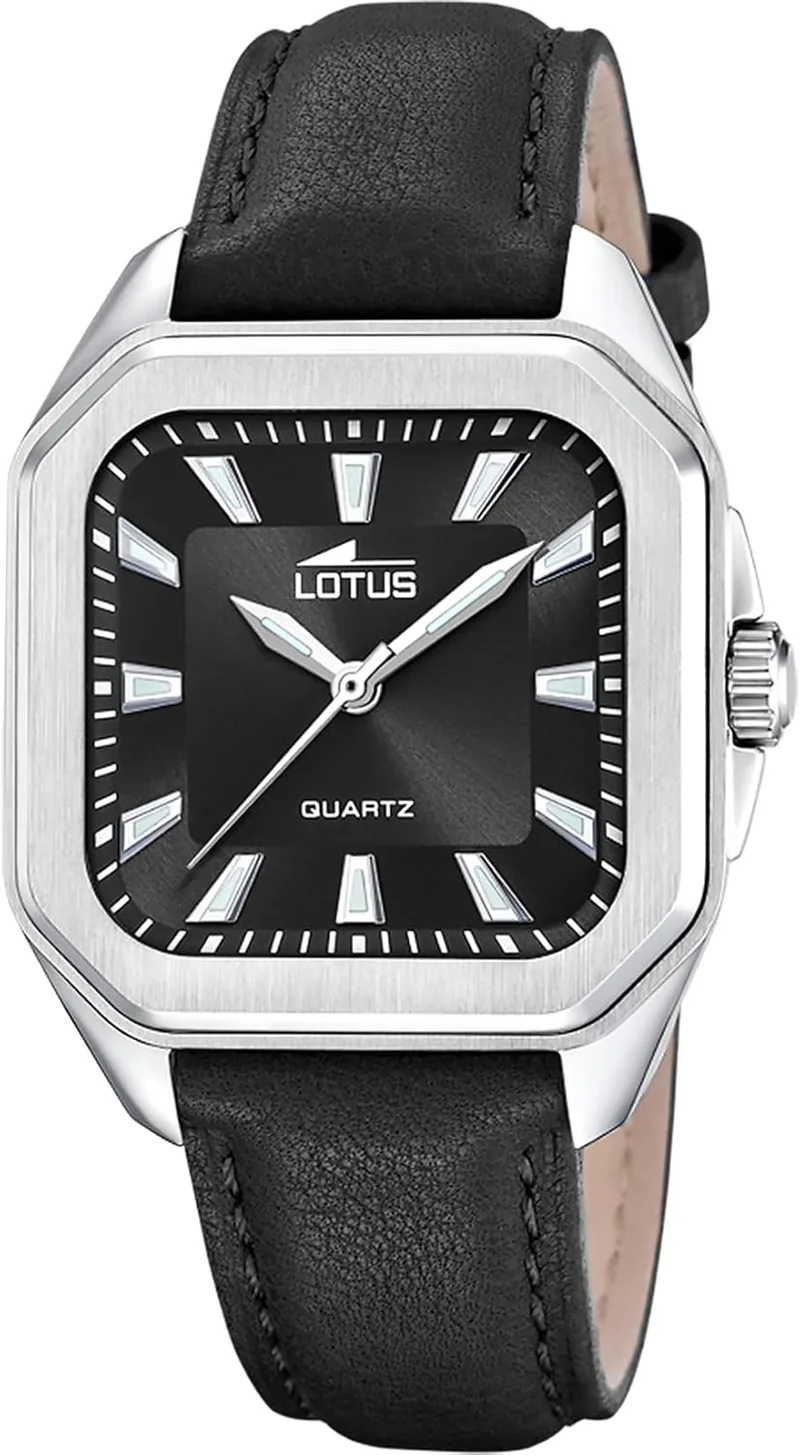 LOTUS ▫️ Relógio analógico para senhora em pele preta - Movimento de quartzo - Cristal mineral de alta resistência - Resistência à água 5 ATM - Elegante, clássico e vintage 18968/6 - Série Square