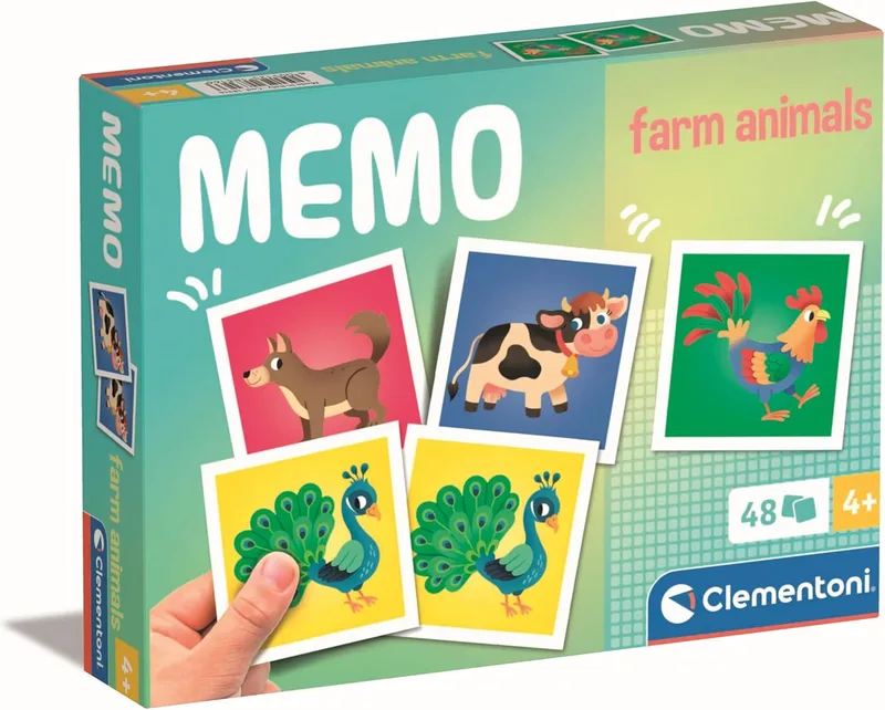 Clementoni ▫️ Jogo Educativo Memo Pocket Farm Animals com 48 peças - Jogo para crianças dos 3 aos 5 anos, jogos com cartões didáticos, desenvolvimento do raciocínio lógico, para 2 jogadores, presente para meninos/meninas, com personagens de desenhos animados, fabricado em Itália, 18316