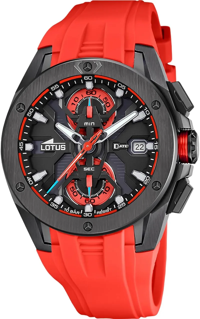 LOTUS ▫️ Relógio analógico para homem em borracha vermelha - Movimento Quartz - Cronógrafo - Calendário - Cristal mineral de alta resistência - Resistente à água 10 ATM 18943/5 Vortex