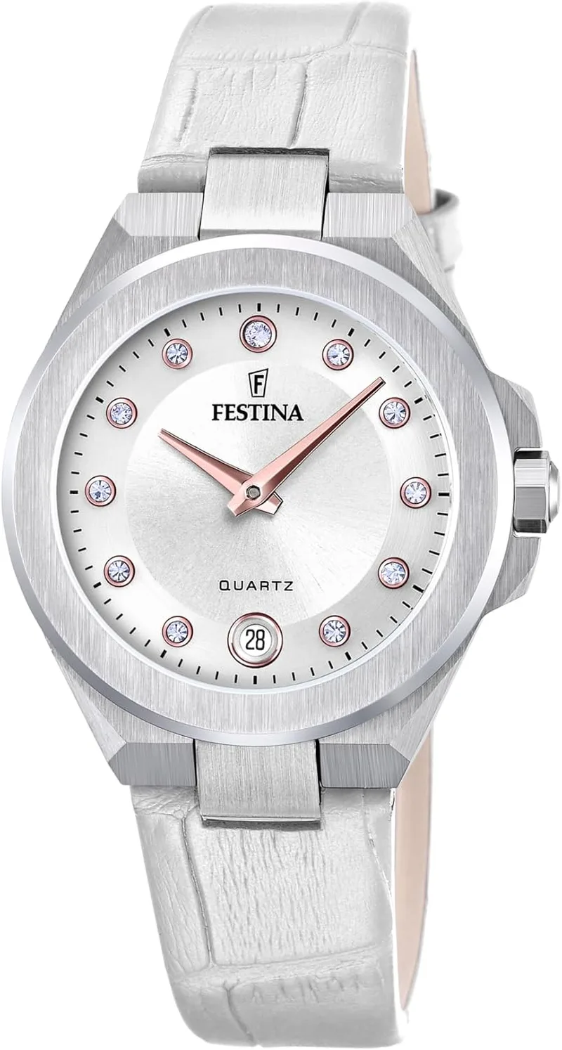 Festina ▫️ Relógio Feminino Analógico em Couro Branco - Movimento Quartzo - Cristal Mineral Resistente - Resistente à Água 5 ATM - Elegante, Clássico e Vintage - Calendário F20701/1 - Mademoiselle