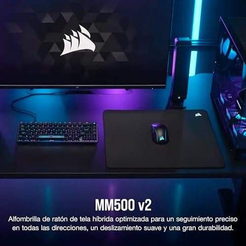 Corsair ▫️ MM500 v2 Tapete de rato grande para jogos com tecido híbrido – 45 cm x 40 cm – Revestimento resistente a salpicos – Bordas cosidas anti-riscos – Base de borracha antiderrapante – Preto 2