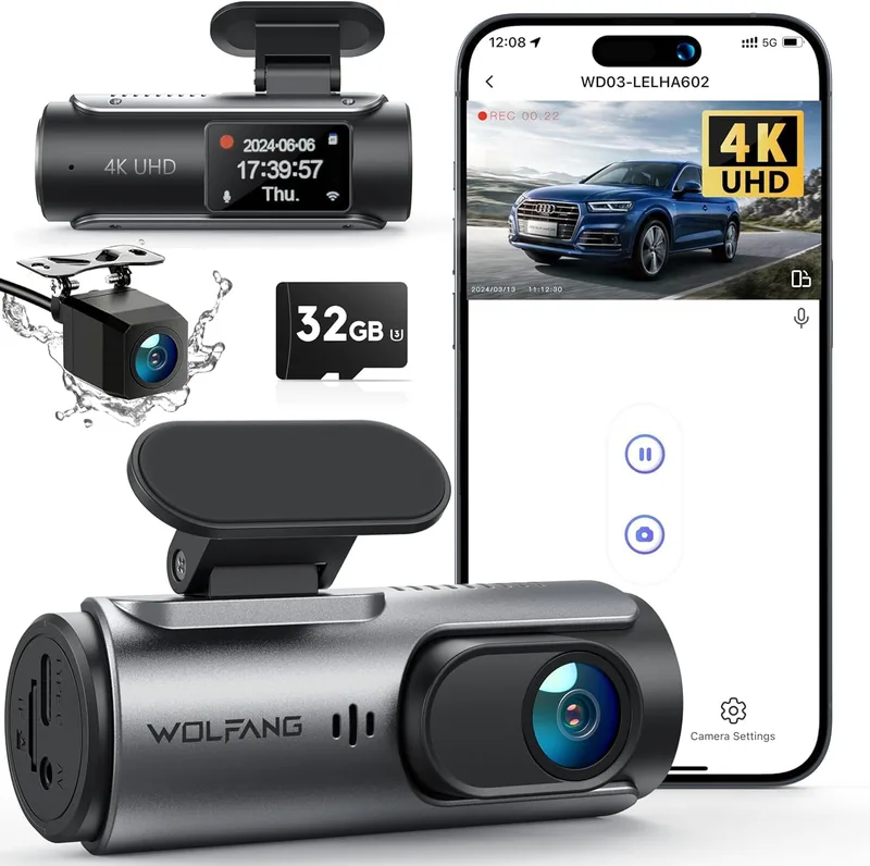 WOLFANG ▫️ Câmara de carro dianteira e traseira 4K UHD, câmara de bordo com lente dupla para automóveis com grande angular de 170°, monitor de estacionamento 24 horas com gravação em loop e sensor G