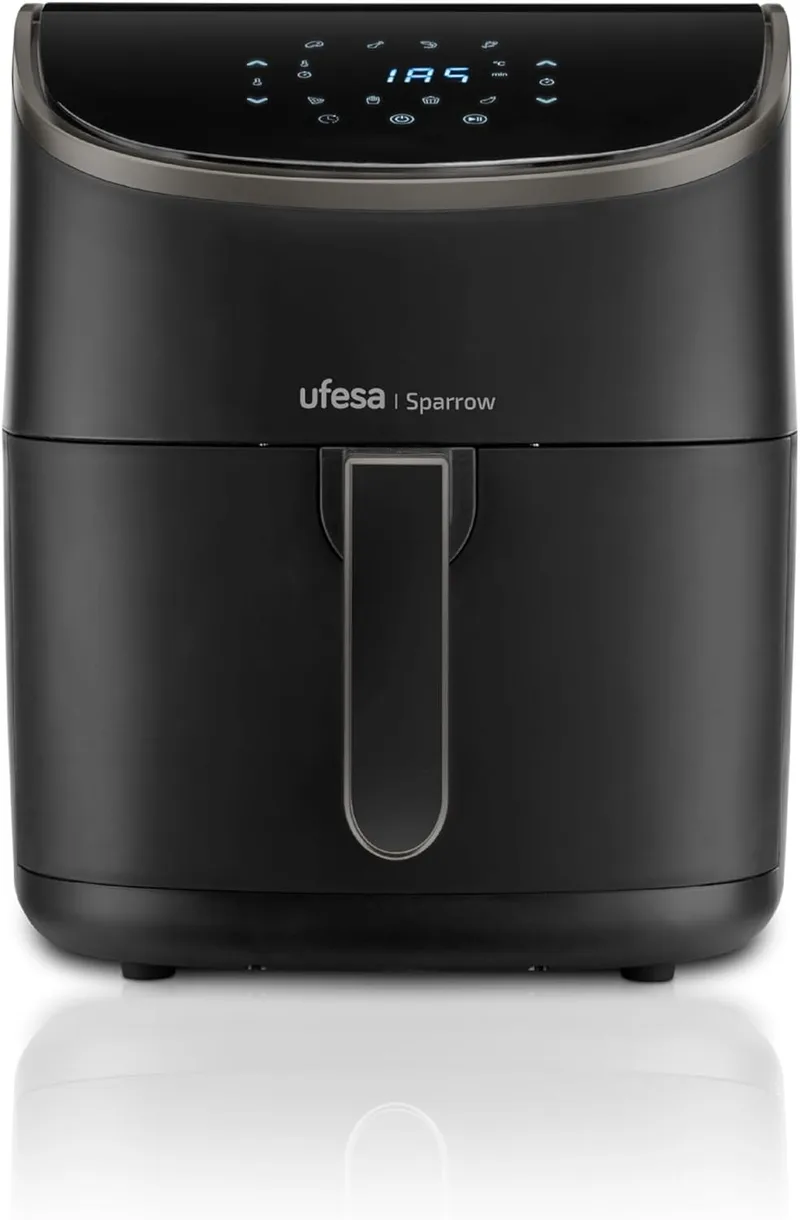 Ufesa ▫️ Sparrow Air Fryer 6 litros, Fritadeira de Ar 8 Programas, 1700 W, Digital, Temporizador, Temperatura 80ºC - 200ºC, Sem BPA e PFOA, Fritadeira de Ar com Tabuleiro e Tabuleiro Anti-Adherente
