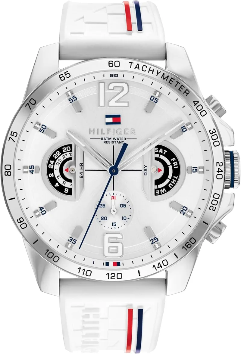 Tommy Hilfiger ▫️ Relógio analógico multifuncional de quartzo para homem, com bracelete em silicone, aço inoxidável ou couro, submostradores para o dia e a data, resistente à água até 5 ATM.