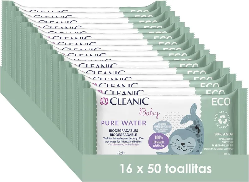 Cleanic ▫️ Baby Eco Pure Water Wet Wipes - (50x16 unidades) Toalhetes húmidos - Composição 99% à base de água - Alantoína - Sem perfume - Descartáveis - para peles sensíveis - 800 unidades