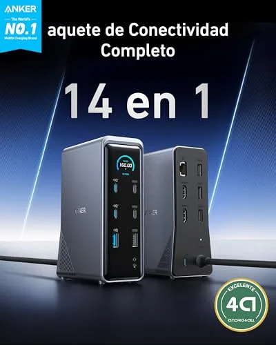 Anker ▫️ Estação de acoplamento Prime de 160 W, 3 portas USB-C com 100 W máx. cada, 1 porta USB-A com 12 W máx., transferência rápida de dados a 10 Gbps, portas de áudio e Ethernet, dois ecrãs 4K 2