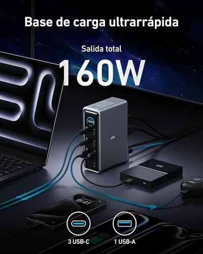 Anker ▫️ Estação de acoplamento Prime de 160 W, 3 portas USB-C com 100 W máx. cada, 1 porta USB-A com 12 W máx., transferência rápida de dados a 10 Gbps, portas de áudio e Ethernet, dois ecrãs 4K 3