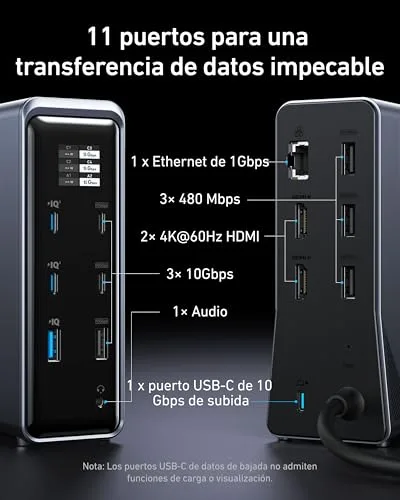 Anker ▫️ Estação de acoplamento Prime de 160 W, 3 portas USB-C com 100 W máx. cada, 1 porta USB-A com 12 W máx., transferência rápida de dados a 10 Gbps, portas de áudio e Ethernet, dois ecrãs 4K 5
