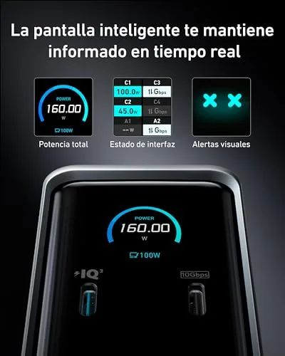 Anker ▫️ Estação de acoplamento Prime de 160 W, 3 portas USB-C com 100 W máx. cada, 1 porta USB-A com 12 W máx., transferência rápida de dados a 10 Gbps, portas de áudio e Ethernet, dois ecrãs 4K 6