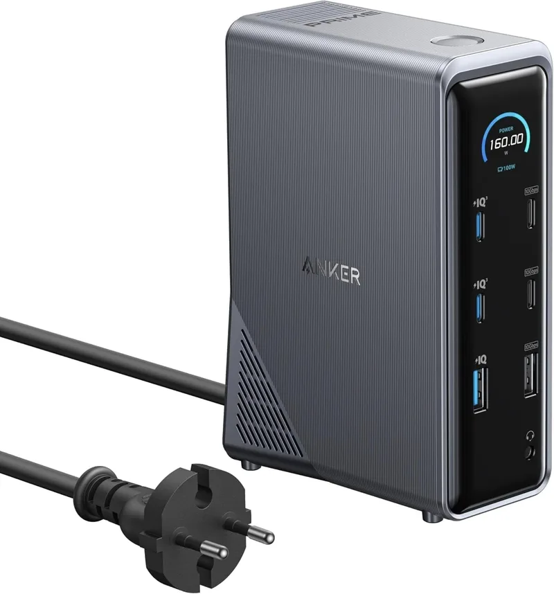 Anker ▫️ Estação de acoplamento Prime de 160 W, 3 portas USB-C, 100 W máx. cada uma, 1 porta USB-A com 12 W máx., transferência rápida de dados a 10 Gbps, portas de áudio e Ethernet, dois ecrãs 4K | 3 portas USB-C até 100 W, 1 porta USB-A de 12 W, áudio e Ethernet
