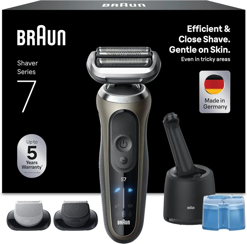 Braun ▫️ Series 7 Máquina de barbear elétrica para homem, 72-C7650CC, Dourada - Máquina de barbear à prova de água, 3 modos de barbear, 60 minutos de autonomia, estação de limpeza, 2 acessórios de barbear e estojo de viagem