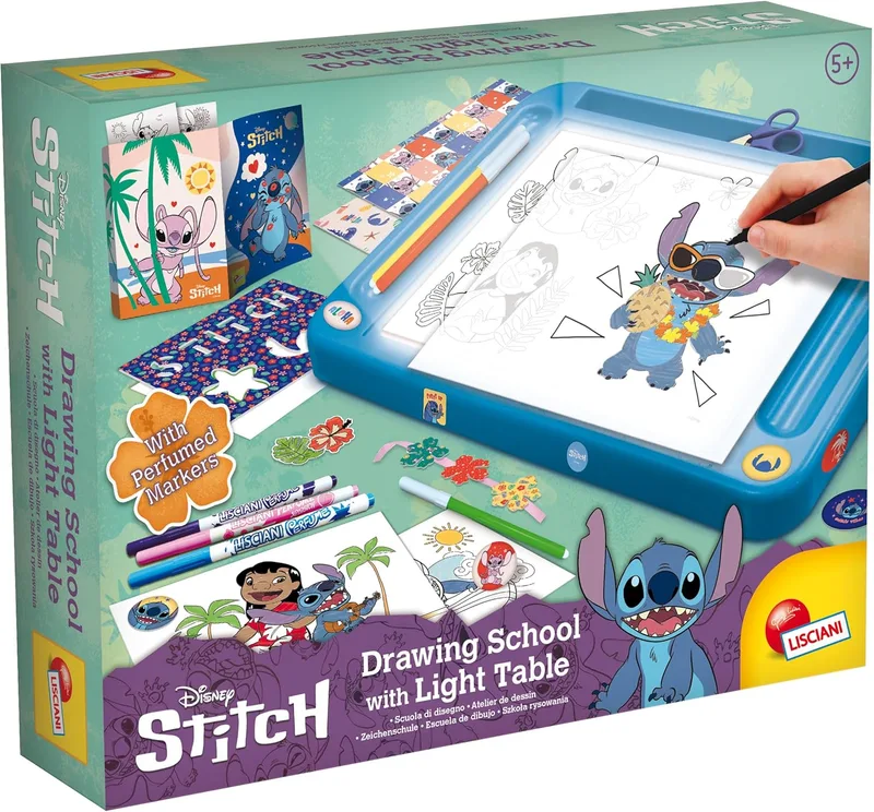 Liscianigiochi ▫️ Lisciani - DISNEY STITCH - Escola de Desenho por Projeção para Crianças a partir dos 5 Anos - Aprende a desenhar com o Stitch numa mesa de luz A4 - Inclui modelos, autocolantes, marcadores perfumados e muito mais