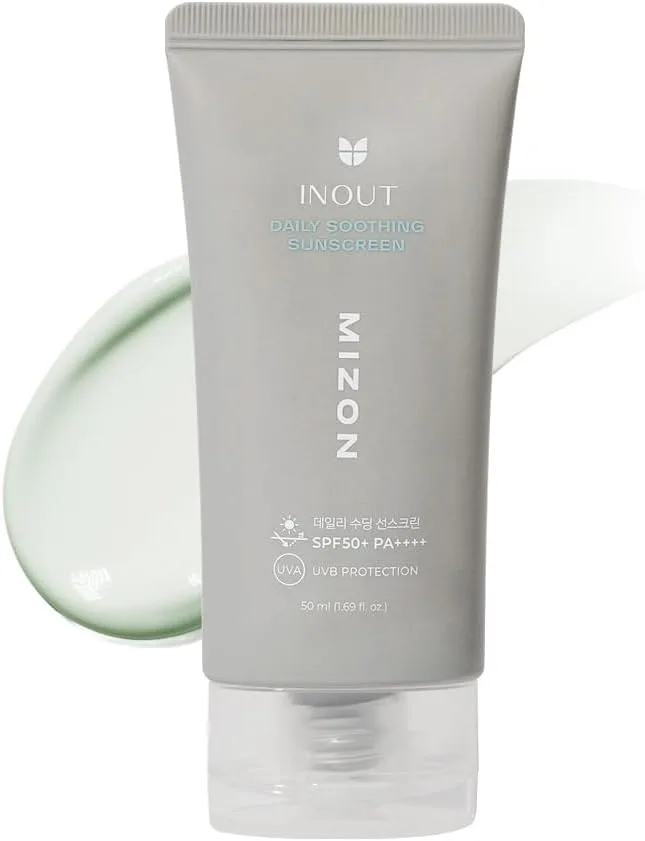 MIZON ▫️ [] INOUT Soothing Sunscreen SPF50+PA++++ (50 ml) Protetor solar e cuidados da pele coreanos, proteção 24 horas, anti-vermelhidão, ácido hialurónico e centella asiática, 100% vegan e seguro para os recifes