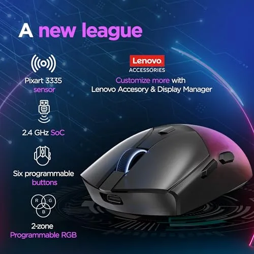 Lenovo ▫️ Legion M410 - Rato de jogos sem fios RGB (6 botões, iluminação RGB em 2 zonas, 16 000 dpi, 400 IPS, bateria recarregável com autonomia de 53 horas, compatível com NVIDIA Reflex) - Preto transparente 2